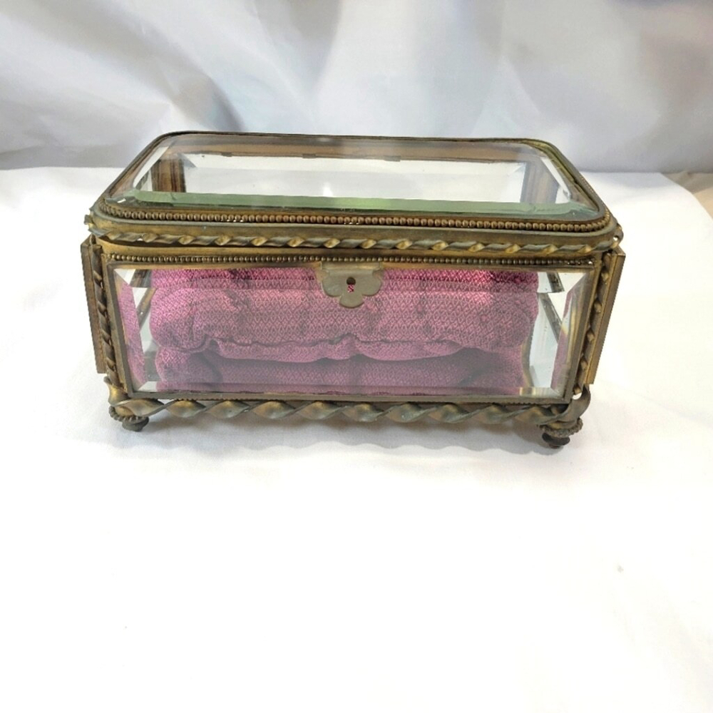 Antique French Brass and Glass Jewelry Box 8x5x4"